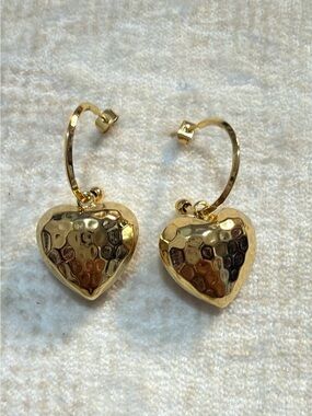 316L Stainless Steel Hammered Gold Heart Drop Earrings